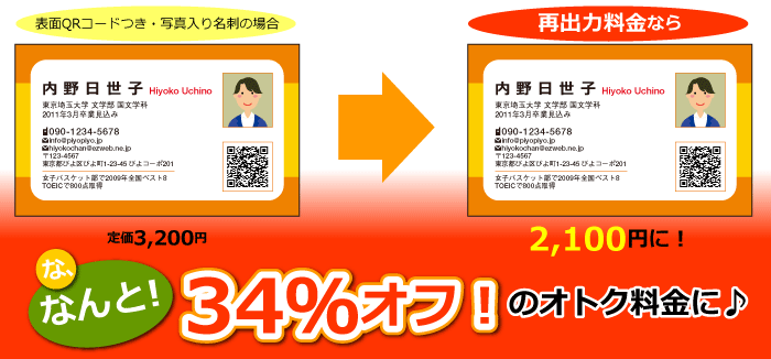 表面QRコード付き・写真入り名刺　定価3,200円が再出力料金ならなんと34％オフの2,100円に！